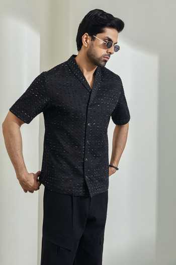 Shop_Madhav Agasti_Black Denim Cutwork Shirt And Trouser Set _at_Aza_Fashions
