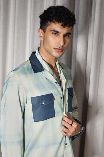Madhav Agasti_Blue Silk, Polyester Patch Work Shirt _Online_at_Aza_Fashions