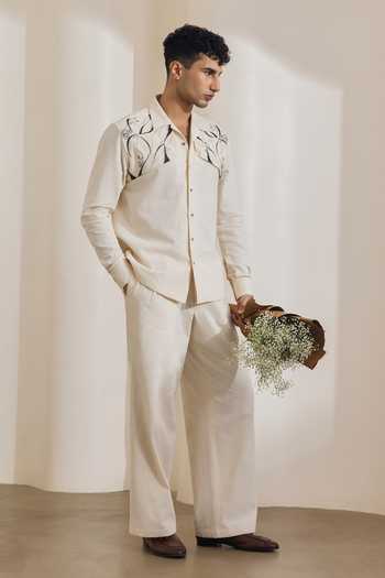 Shop_Madhav Agasti_Ivory Denim Hand Painted Shirt And Pant Set _at_Aza_Fashions