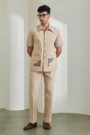 Shop_Madhav Agasti_Beige Handloom Cotton Shirt And Trouser Set _at_Aza_Fashions