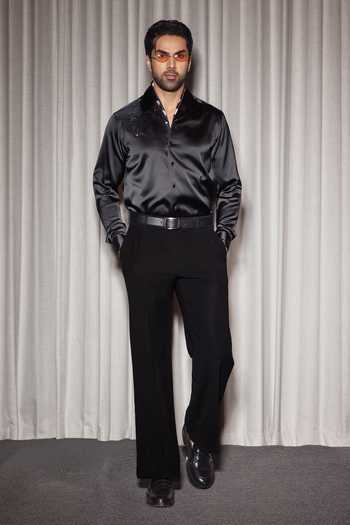 Shop_Madhav Agasti_Black Silk Placed Embroidered Shirt _at_Aza_Fashions