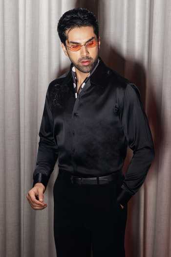 Buy_Madhav Agasti_Black Silk Placed Embroidered Shirt _at_Aza_Fashions