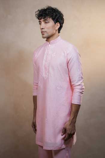 Shop_Madhav Agasti_Pink Chanderi Chikankari Kurta And Pant Set _at_Aza_Fashions