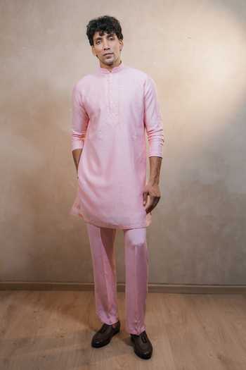 Buy_Madhav Agasti_Pink Chanderi Chikankari Kurta And Pant Set _at_Aza_Fashions