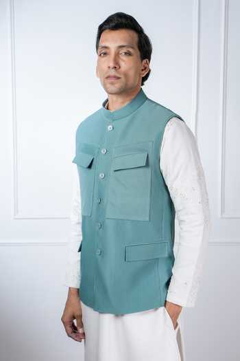 Shop_Madhav Agasti_Aqua Corduroy Nehru Jacket _at_Aza_Fashions
