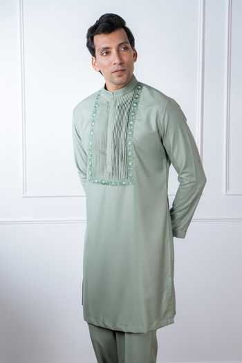 Shop_Madhav Agasti_Green Cotton Yoke Embroidered Kurta Set _at_Aza_Fashions