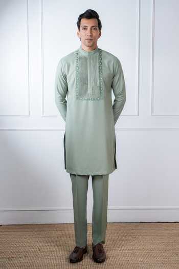 Buy_Madhav Agasti_Green Cotton Yoke Embroidered Kurta Set _at_Aza_Fashions