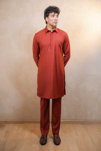 Shop_Madhav Agasti_Orange Cotton Blend Kurta And Pant Set _at_Aza_Fashions
