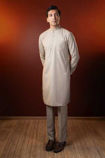 Buy_Madhav Agasti_Beige Cotton Straight Blend Kurta And Pant Set _at_Aza_Fashions