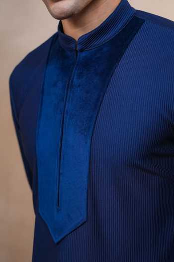 Madhav Agasti_Blue Suede, Corduroy Piping Bandhgala Kurta Set _Online_at_Aza_Fashions