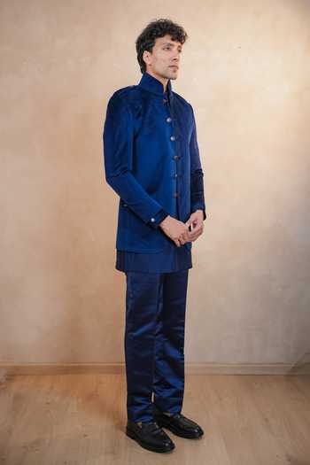 Buy_Madhav Agasti_Blue Suede, Corduroy Piping Bandhgala Kurta Set _Online_at_Aza_Fashions