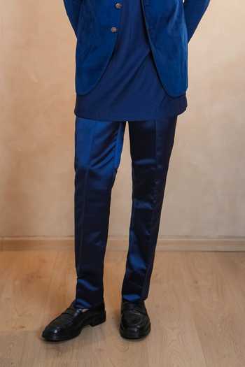 Shop_Madhav Agasti_Blue Suede, Corduroy Piping Bandhgala Kurta Set _Online_at_Aza_Fashions