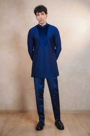 Shop_Madhav Agasti_Blue Suede, Corduroy Piping Bandhgala Kurta Set _at_Aza_Fashions