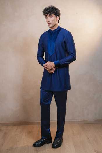 Madhav Agasti_Blue Suede, Corduroy Piping Bandhgala Kurta Set _at_Aza_Fashions