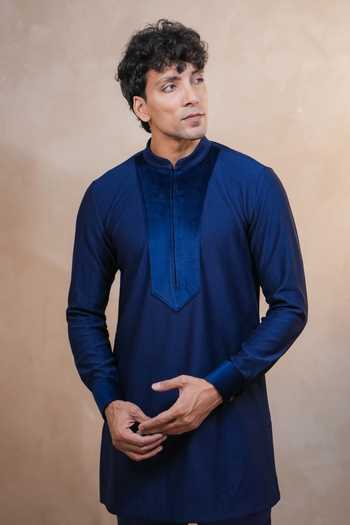 Madhav Agasti_Blue Suede, Corduroy Piping Bandhgala Kurta Set _Online