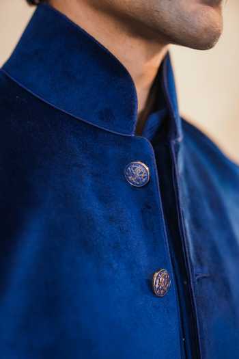 Buy_Madhav Agasti_Blue Suede, Corduroy Piping Bandhgala Kurta Set _Online