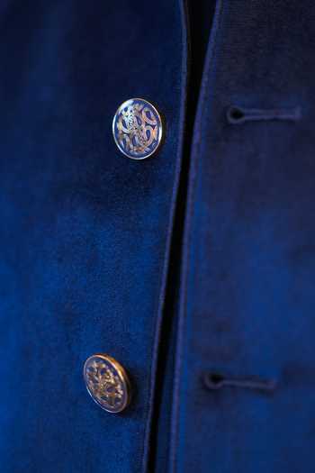 Shop_Madhav Agasti_Blue Suede, Corduroy Piping Bandhgala Kurta Set _Online