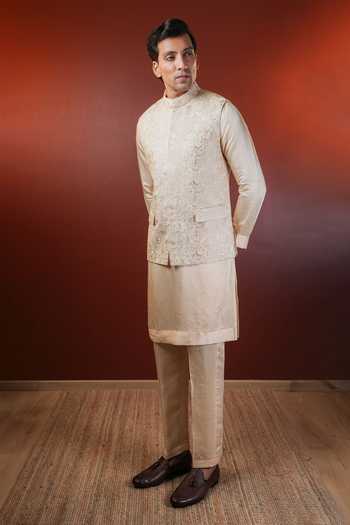 Buy_Madhav Agasti_Beige Silk Embroidered Nehru Jacket _at_Aza_Fashions