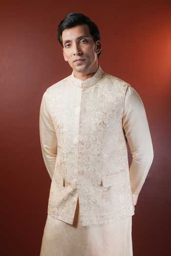 Shop_Madhav Agasti_Beige Silk Embroidered Nehru Jacket _at_Aza_Fashions