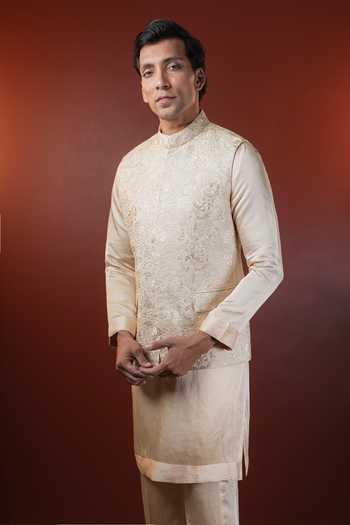 Madhav Agasti_Beige Silk Embroidered Nehru Jacket _Online_at_Aza_Fashions