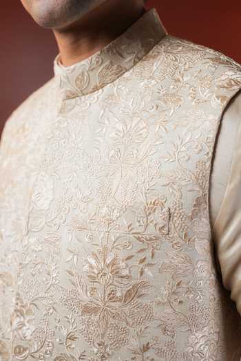Buy_Madhav Agasti_Beige Silk Embroidered Nehru Jacket _Online_at_Aza_Fashions