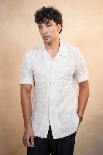Buy_Madhav Agasti_Beige Linen Safari Frayed Shirt _at_Aza_Fashions