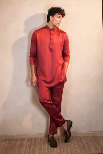 Shop_Madhav Agasti_Maroon Silk, Linen Bundi Kurta Set _at_Aza_Fashions