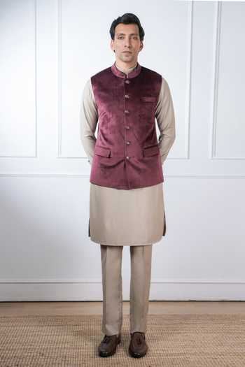 Shop_Madhav Agasti_Maroon Suede Nehru Jacket _at_Aza_Fashions