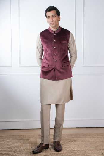 Buy_Madhav Agasti_Maroon Suede Nehru Jacket _at_Aza_Fashions
