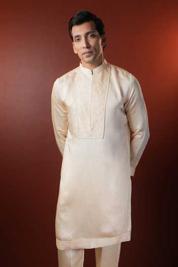 Shop_Madhav Agasti_Cream Silk Pintuck Yoke Kurta Set _at_Aza_Fashions
