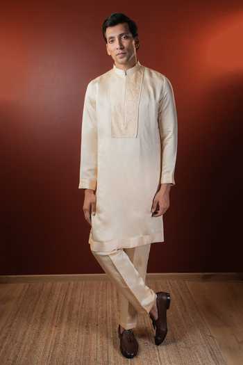 Buy_Madhav Agasti_Cream Silk Pintuck Yoke Kurta Set _at_Aza_Fashions