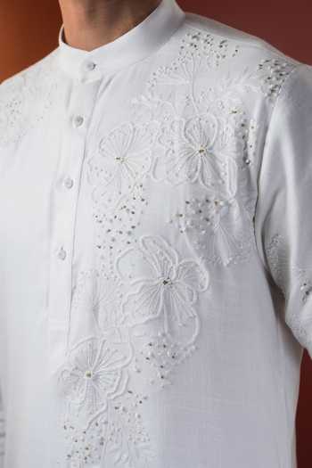 Madhav Agasti_Ivory Linen Hand Embroidered Kurta Set _Online_at_Aza_Fashions