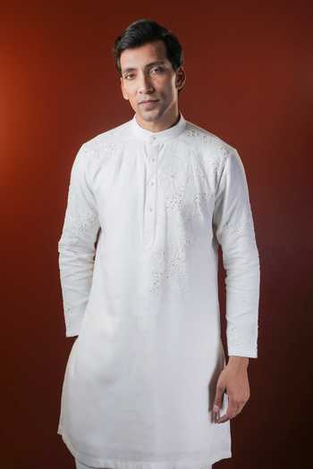 Shop_Madhav Agasti_Ivory Linen Hand Embroidered Kurta Set _at_Aza_Fashions