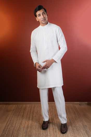 Buy_Madhav Agasti_Ivory Linen Hand Embroidered Kurta Set _at_Aza_Fashions