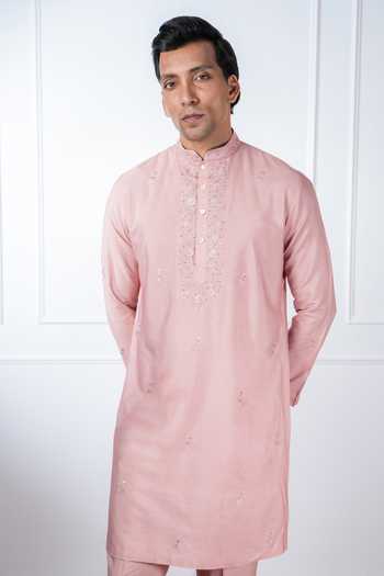 Shop_Madhav Agasti_Peach Silk Embroidered Kurta And Pant Set _at_Aza_Fashions