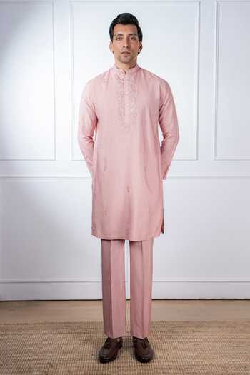 Buy_Madhav Agasti_Peach Silk Embroidered Kurta And Pant Set _at_Aza_Fashions