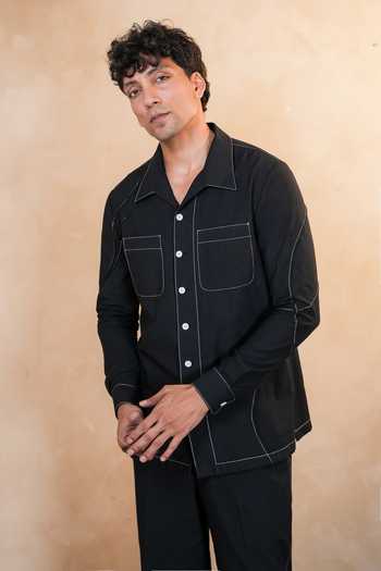 Shop_Madhav Agasti_Black Handloom Cotton Hand Embroidered Shirt And Trouser Set _at_Aza_Fashions