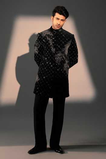 Shop_ROHIT DOSHI_Black Velvet Disorder Embroidered Kurta _at_Aza_Fashions