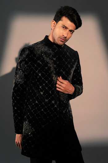 Buy_ROHIT DOSHI_Black Velvet Disorder Embroidered Kurta _at_Aza_Fashions
