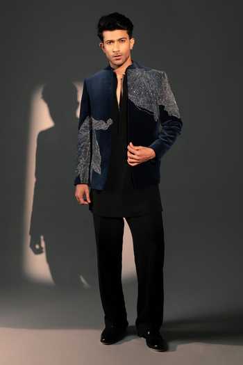 Buy_ROHIT DOSHI_Silver Velvet Crystals Glazure Bandhgala Jacket _Online_at_Aza_Fashions