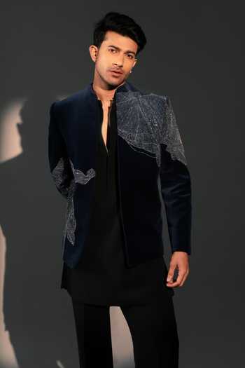 Buy_ROHIT DOSHI_Silver Velvet Crystals Glazure Bandhgala Jacket _at_Aza_Fashions