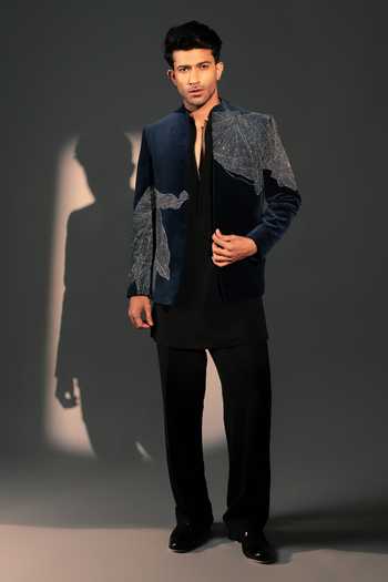 Shop_ROHIT DOSHI_Silver Velvet Crystals Glazure Bandhgala Jacket _at_Aza_Fashions