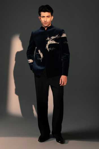 Shop_ROHIT DOSHI_Blue Velvet Zari, Stones Molten Grace Jodhpuri Bandhgala _at_Aza_Fashions