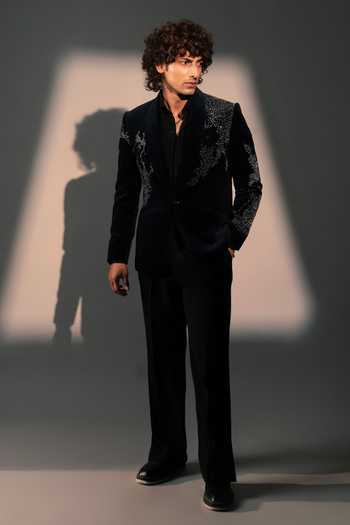 Shop_ROHIT DOSHI_Blue Velvet Silence Blazer _at_Aza_Fashions