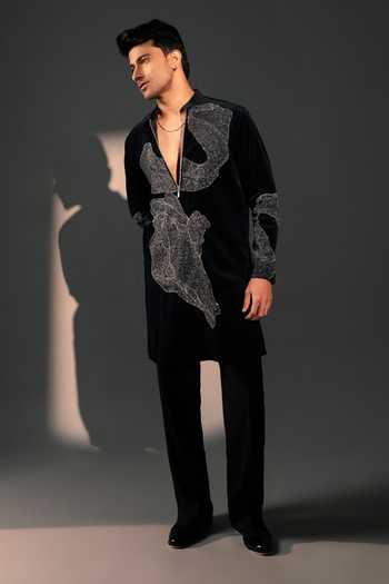 Shop_ROHIT DOSHI_Blue Velvet Silent Storm Embroidered Kurta _at_Aza_Fashions