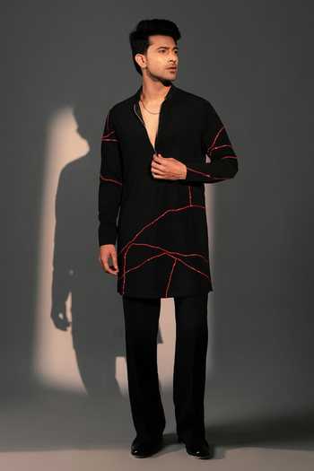 Shop_ROHIT DOSHI_Black Polyester Cherry Embroidered Kurta _at_Aza_Fashions