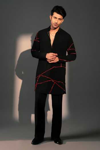 ROHIT DOSHI_Black Polyester Cherry Embroidered Kurta _Online_at_Aza_Fashions