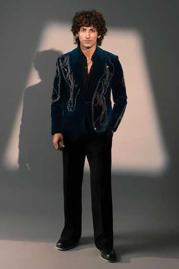 Shop_ROHIT DOSHI_Teal Velvet Stone Embroidered Blazer _at_Aza_Fashions