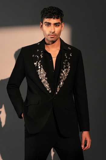 Buy_ROHIT DOSHI_Black Polyester Blazed Authority Embellished _at_Aza_Fashions