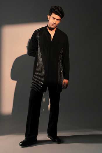 Shop_ROHIT DOSHI_Black Polyester Carbon Embroidered Kurta _at_Aza_Fashions